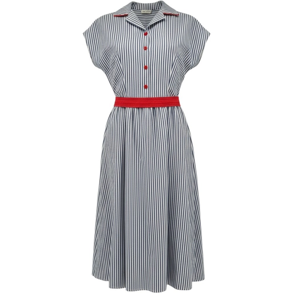 Vintage Midi Dress Striped Belted Nautical Rockabilly Coastal Medium